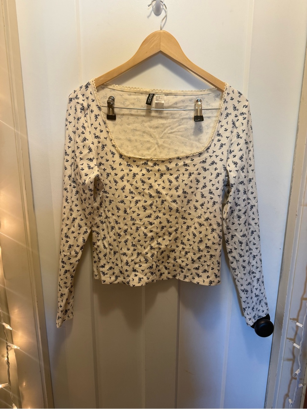 Divided Cream Long Sleeve Scoop Neck Top with Navy Floral Print